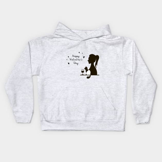 Happy Valentine`s Day female silhouette with the silhouette of a cat and a glass of wine Kids Hoodie by satinrain